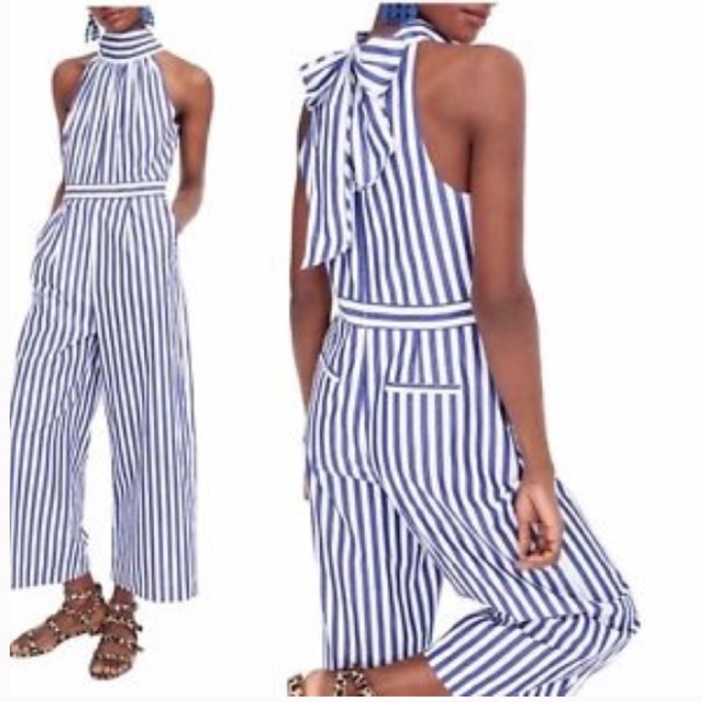 J. Crew V-Neck Jumpsuit In Striped Poplin Size 6 Blue & White